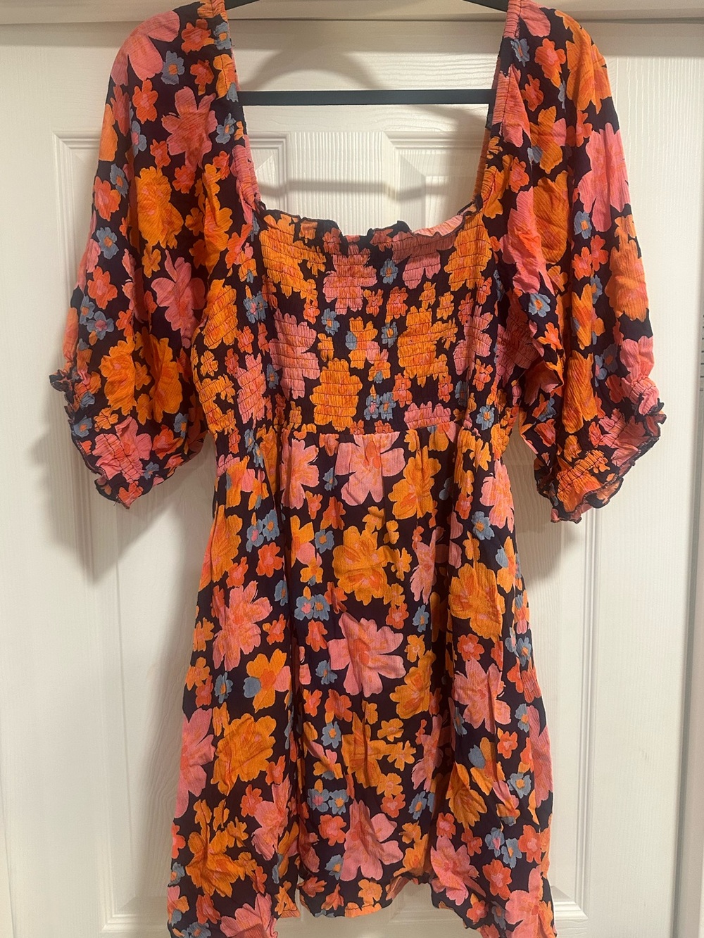 LULU’s Floral Smocked Mini Dress in Orange & Pink